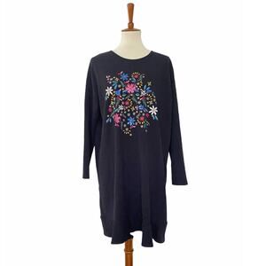 ZARA Womens Round Neck Floral Embroidered Shift Dress Black L Large